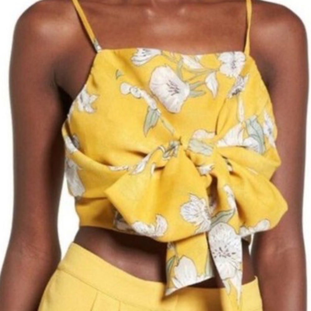 Chriselle x J.O.A. Quince Yellow Floral Tie Crop Top